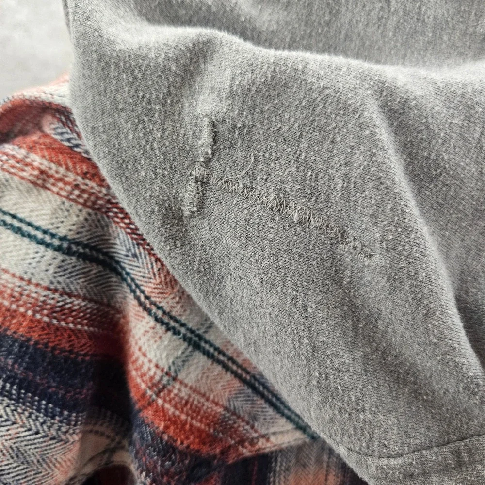 Ariat Boys Hooded Flannel Grey Orange Blue Shirt Jacket Plaid Button Down Medium